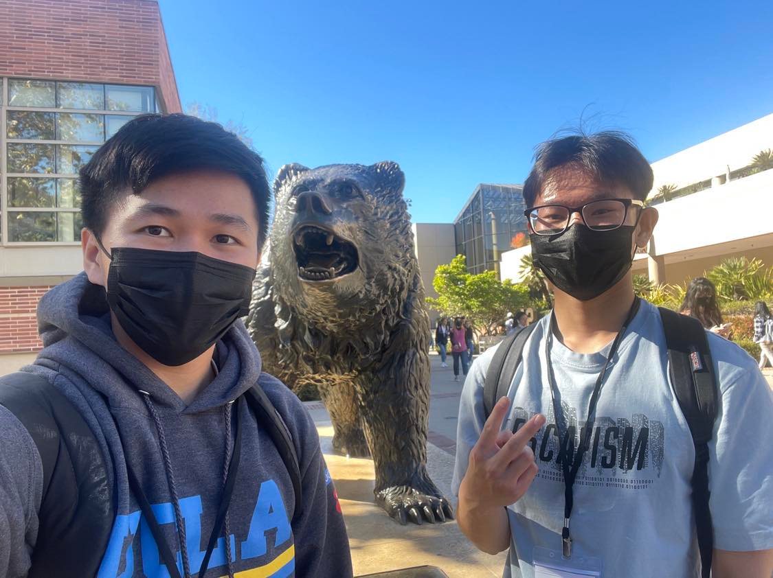 Colin and Philip in front of the Bruin Bear statue
