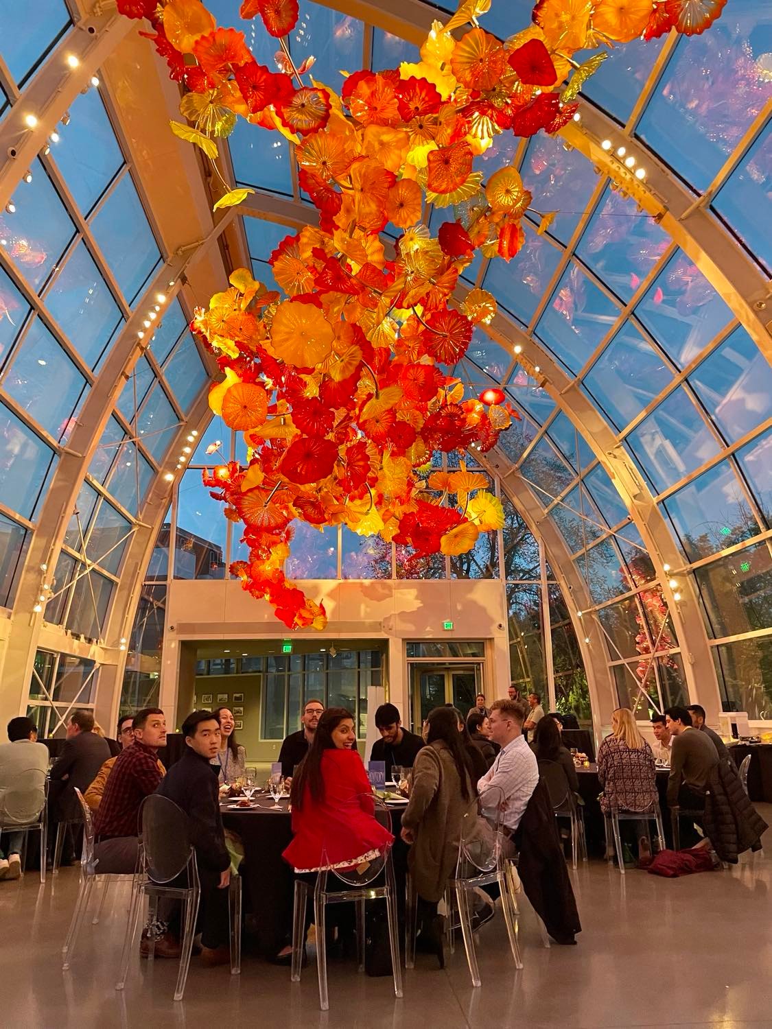 Chihuly Greenhouse at nighttime Deloitte Welcome Event